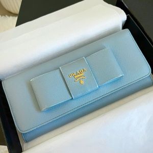 Prada Bow Flap Saffiano Leather Long Wallet Baby Blue